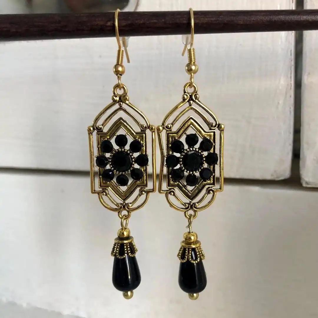 Black Crystal Drop Earrings - Image 2
