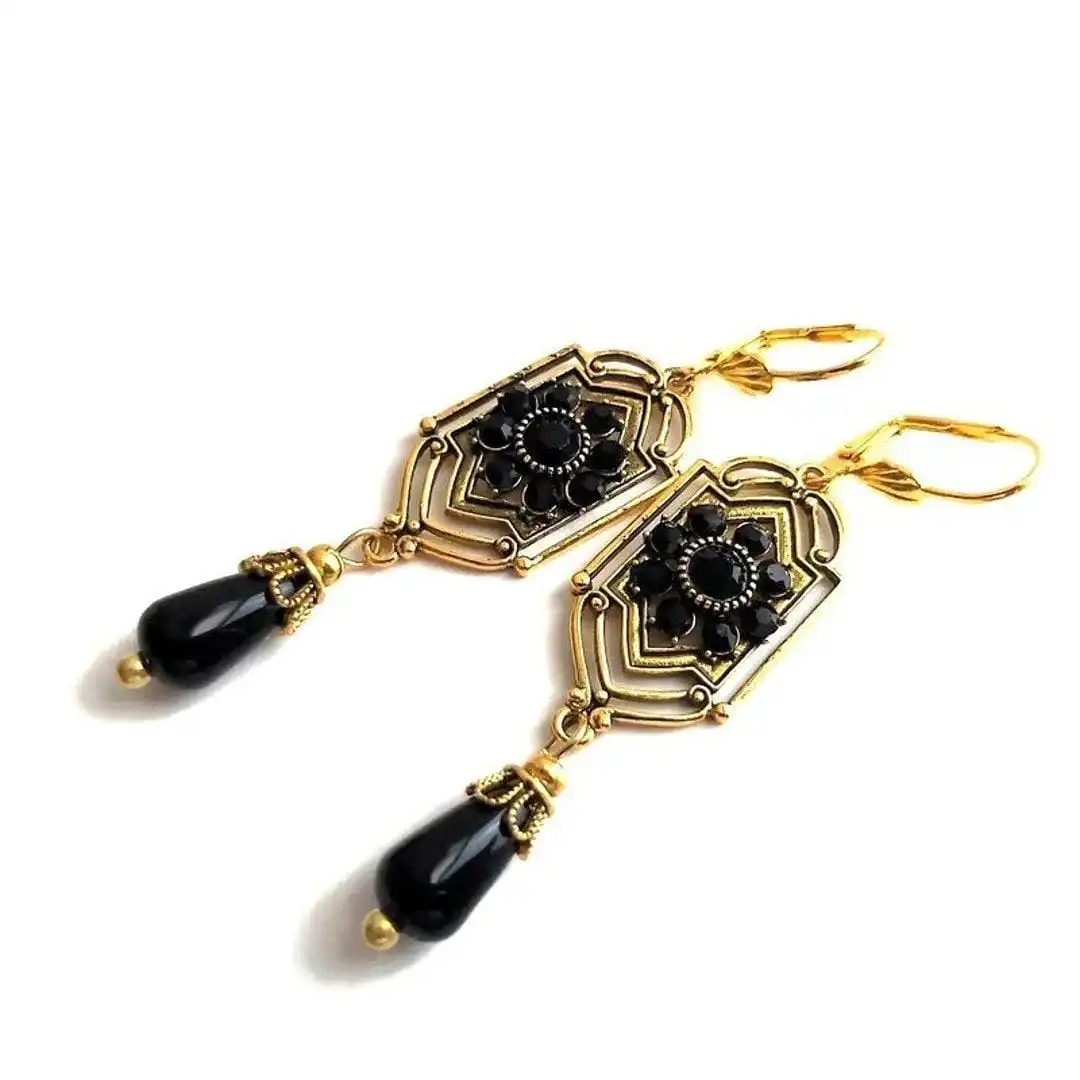 Black Crystal Drop Earrings - Image 3