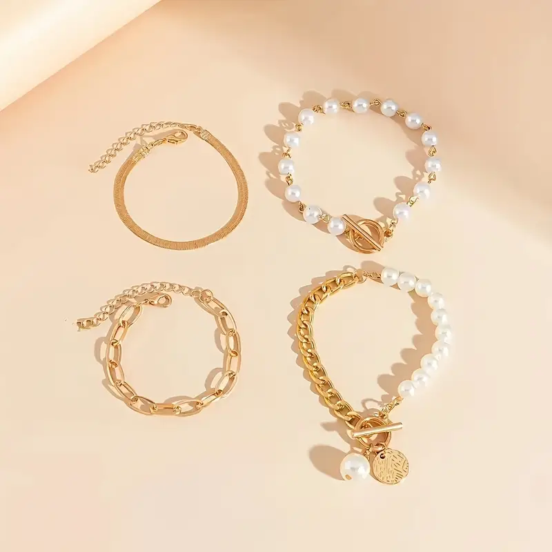 Chic Gold 4-Piece Bracelet Set – Snake, Pearls & Links | Gold - Image 3
