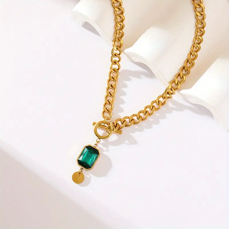 Chunkey Chain Emerald Pendant Necklace | Gold - Image 5