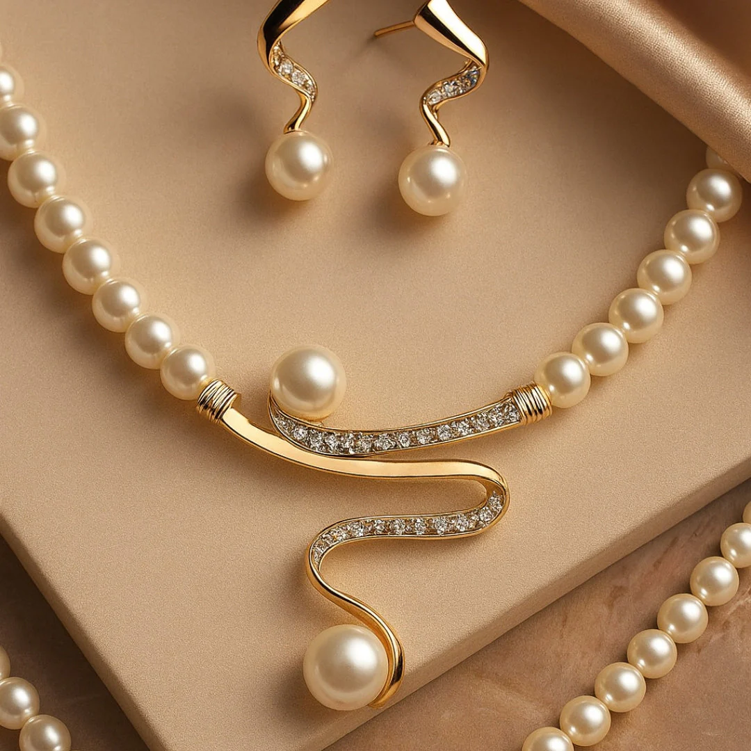 Natural Pearl Necklace + Earrings Set - Image 3