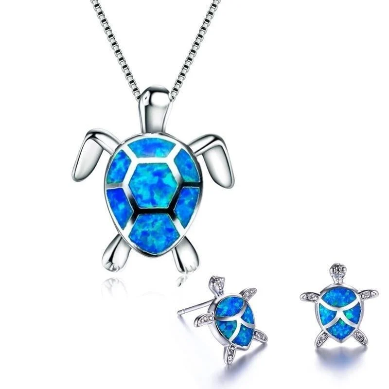 Sea Turtle Necklace + Earrings Set in Opal and Silver - Image 3