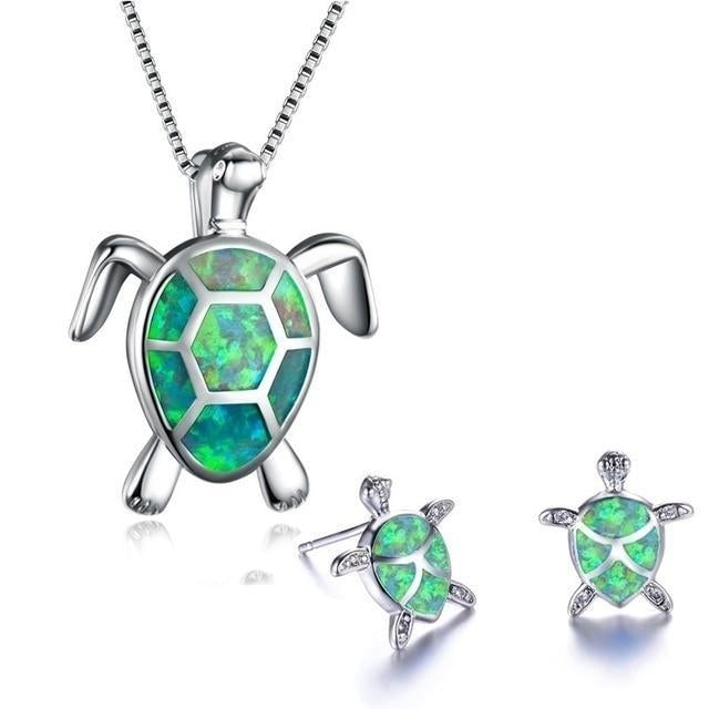Sea Turtle Necklace + Earrings Set in Opal and Silver - Image 6