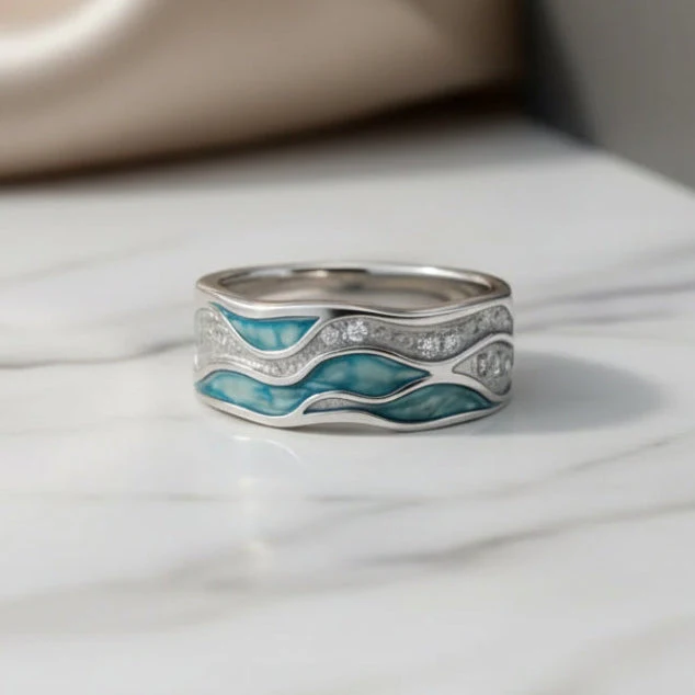 Elegant Silver & Turquoise Waves Ring - Image 4
