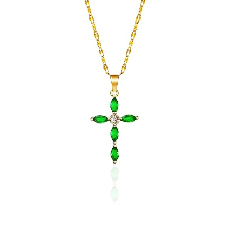 Emerald Cross Necklace | Gold