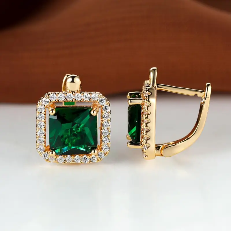 Goden Green Square Zirconia Earrings | Gold