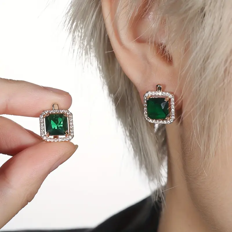 Goden Green Square Zirconia Earrings | Gold - Image 2