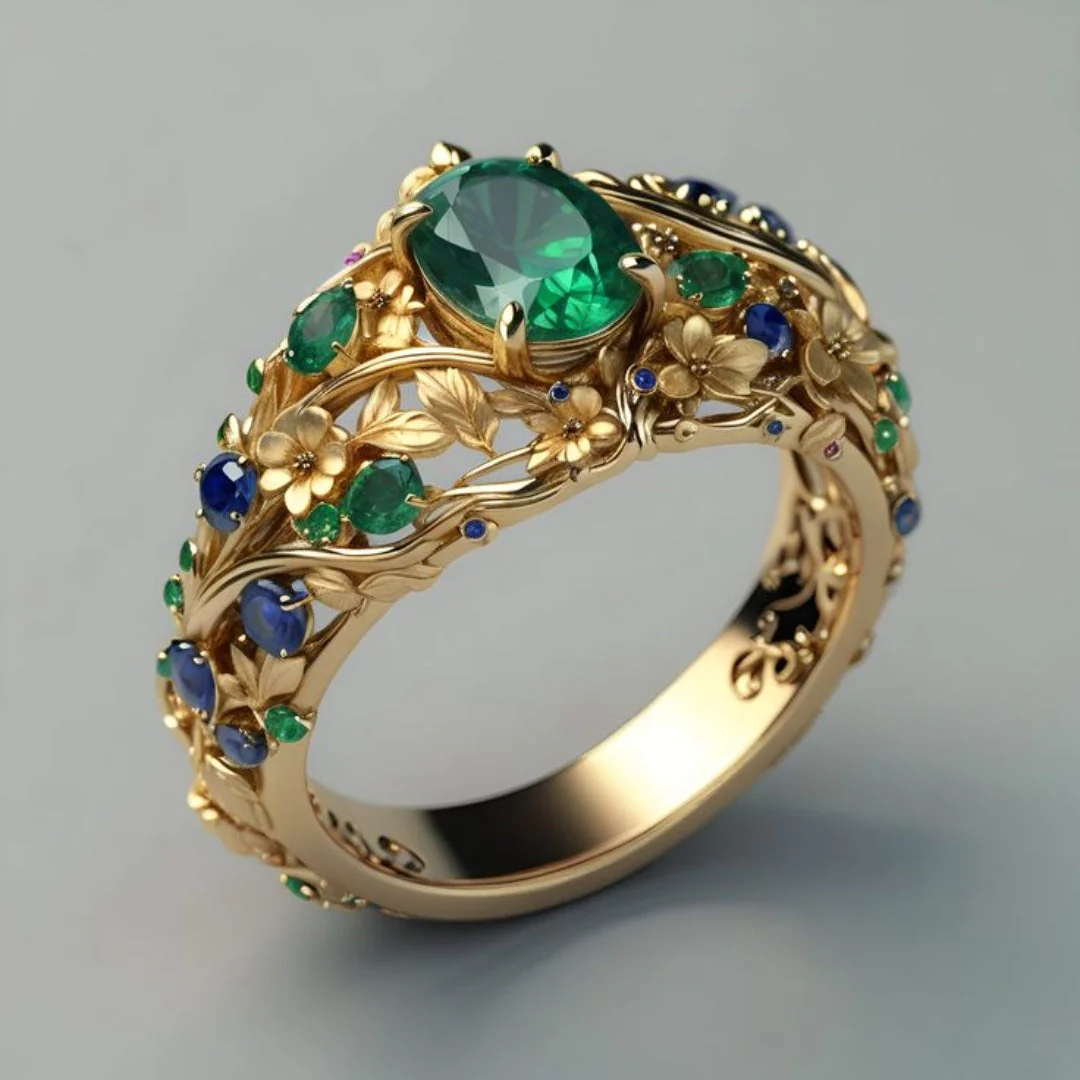 Gold Ring with Green and Blue Crystals