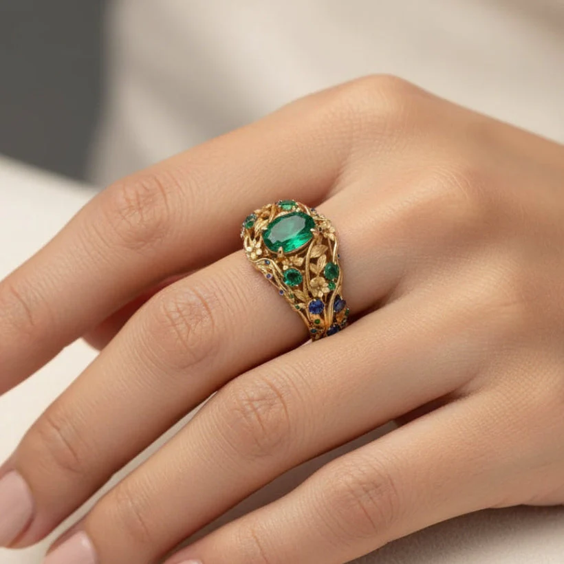 Gold Ring with Green and Blue Crystals - Image 2