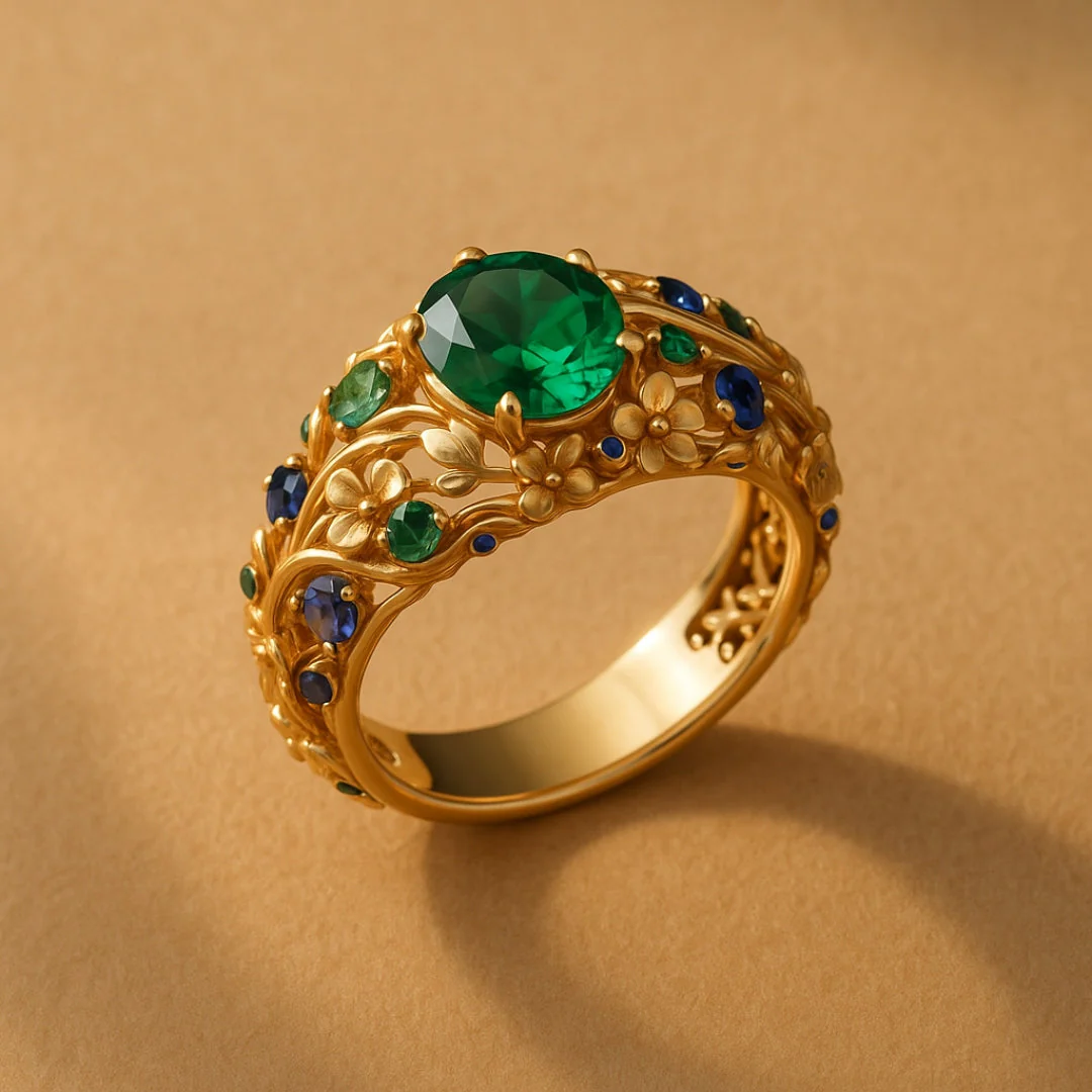Gold Ring with Green and Blue Crystals - Image 3