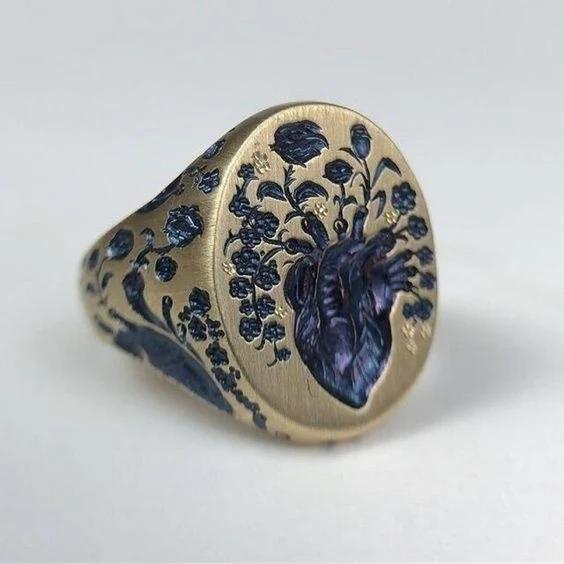 Gold Ring with Vintage Blue Flowers