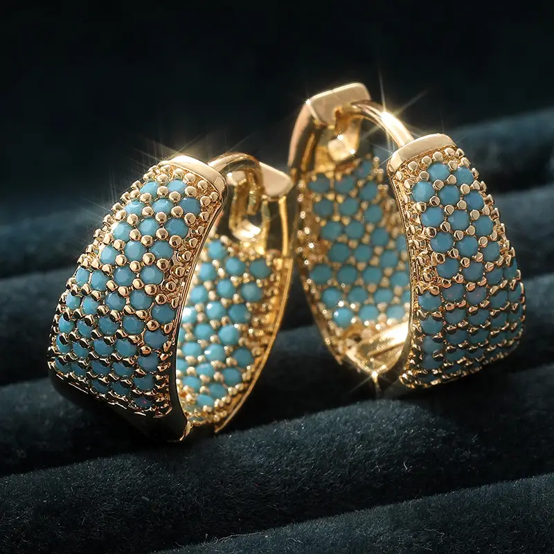 Golden-Tone Turquoise Beaded Hoop Earrings | Gold