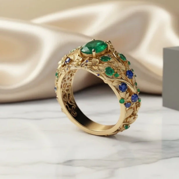 Green & Blue Crystal Gold Ring - Image 4