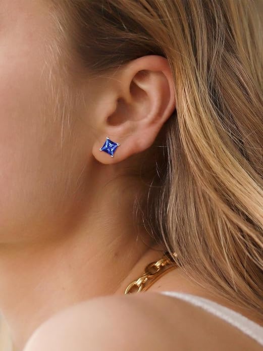 Minimalist Princess Cut Sapphire Stud Earrings | White Gold - Image 2
