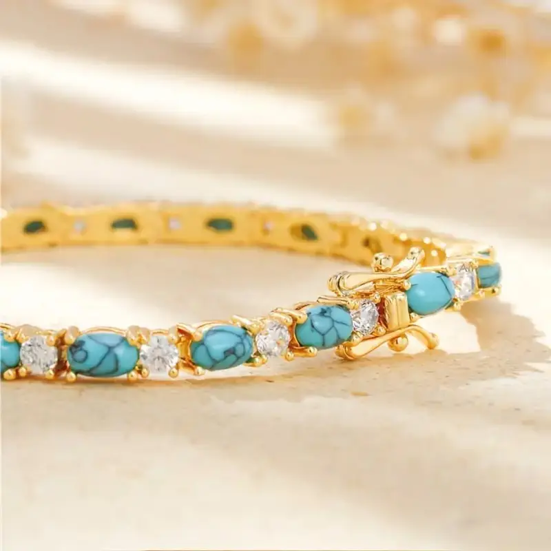 Natural Turquoise Stone Bracelet | Gold - Image 3
