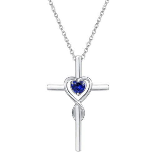 Sapphire Heart Stone Cross Necklace | White Gold