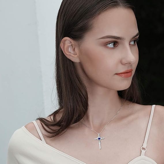Sapphire Heart Stone Cross Necklace | White Gold - Image 2