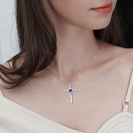 Sapphire Heart Stone Cross Necklace | White Gold - Image 3