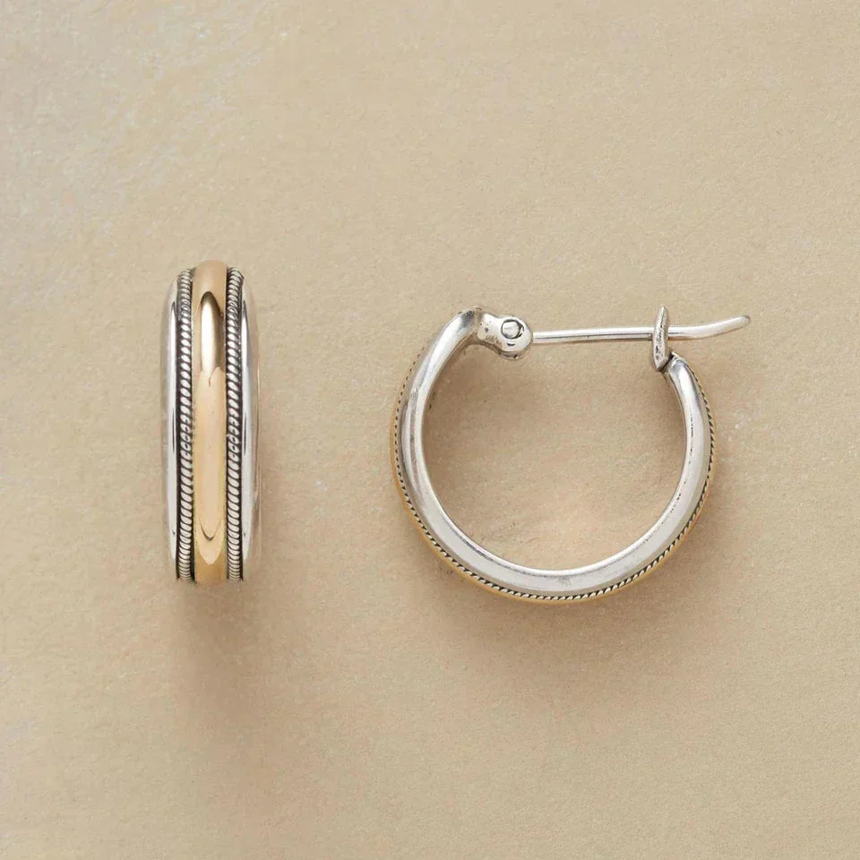 Silver Hoop Earrings with Vintage Golden Line
