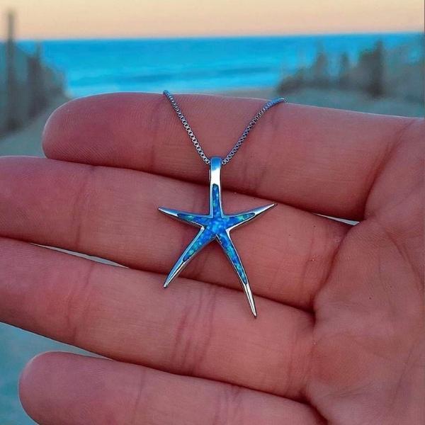 Silver Starfish Necklace with Blue Opal - Image 2