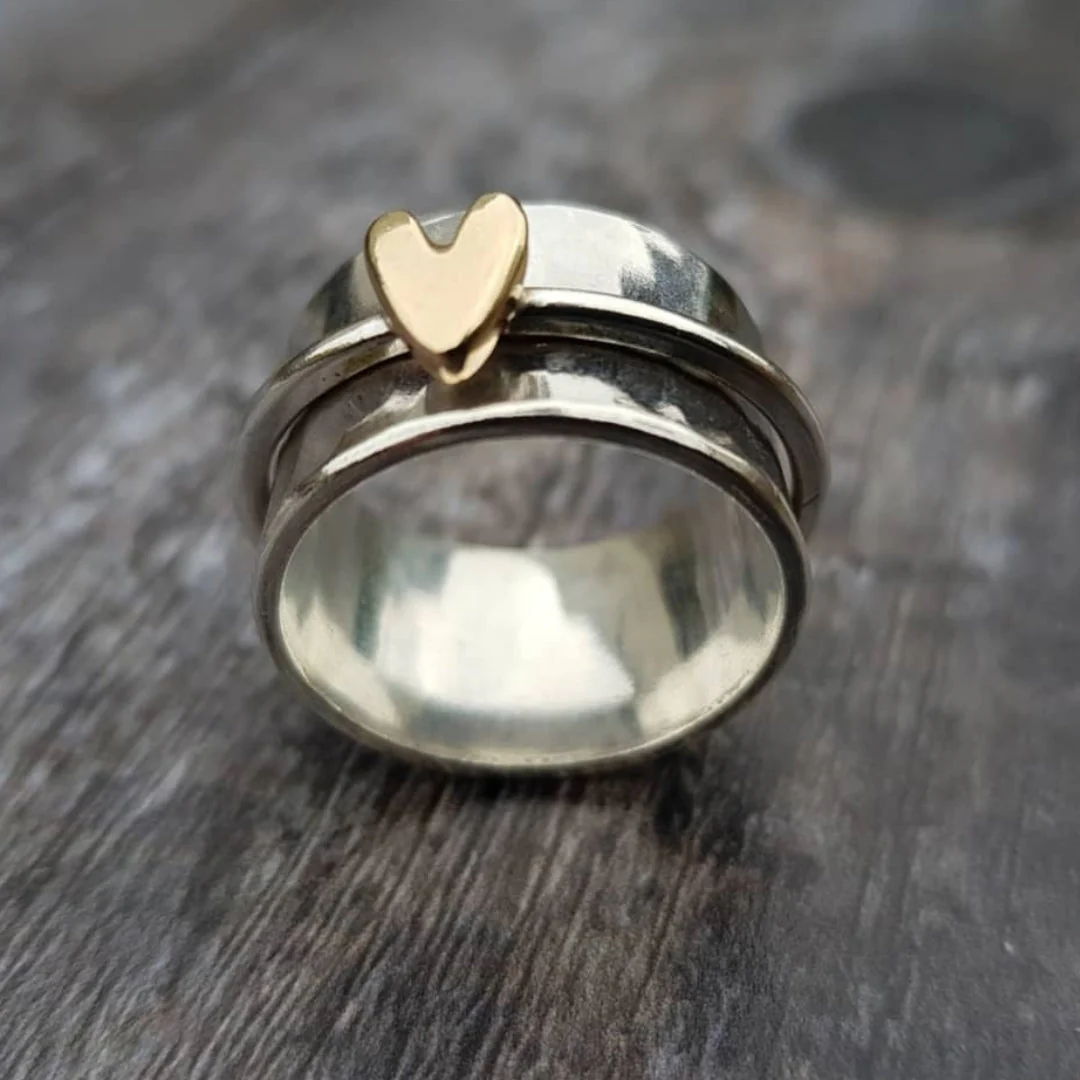 Silver Vintage Heart Ring with Golden Accents