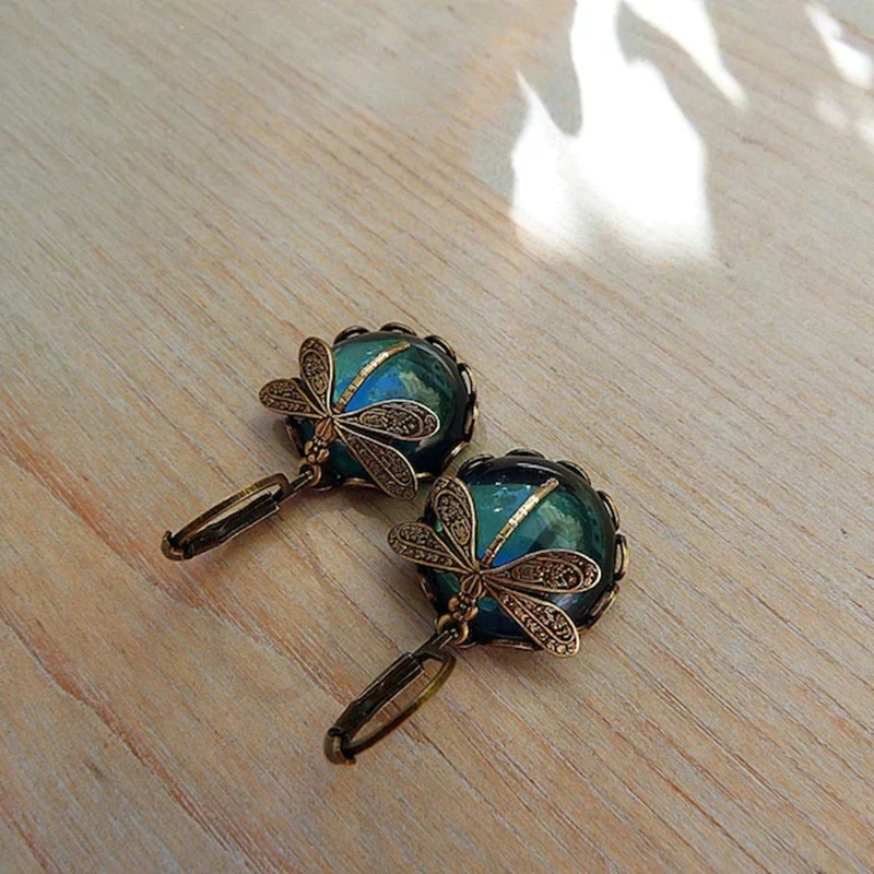 Spherical Dragonfly Earrings in Antique Gold - Image 2