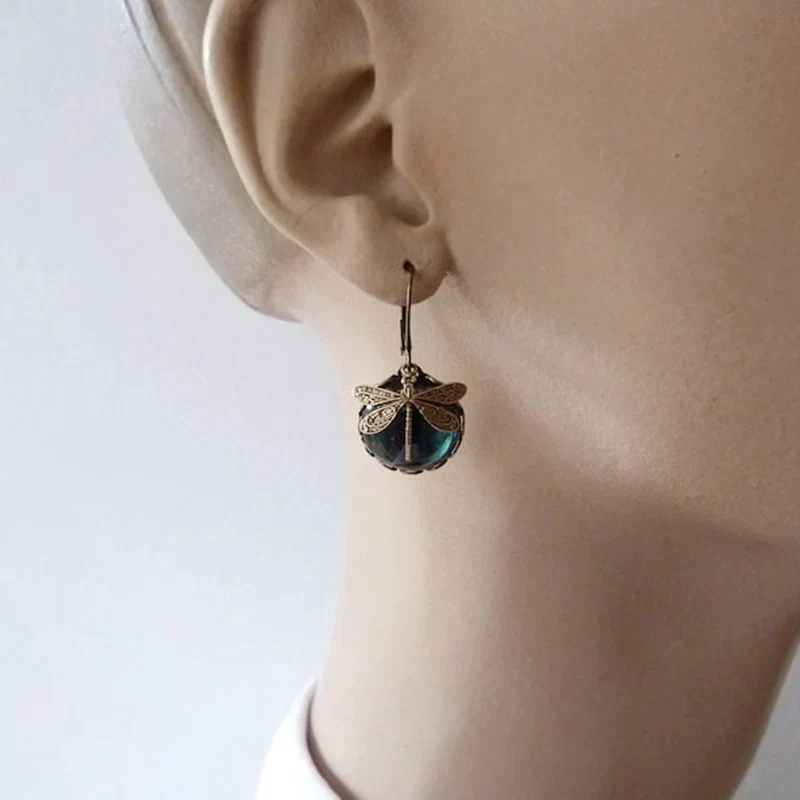 Spherical Dragonfly Earrings in Antique Gold - Image 3