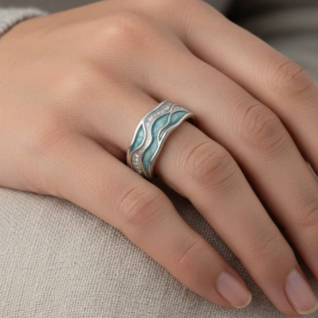 Turquoise Silvered Waves Ring - Image 2