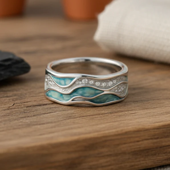 Turquoise Silvered Waves Ring - Image 3