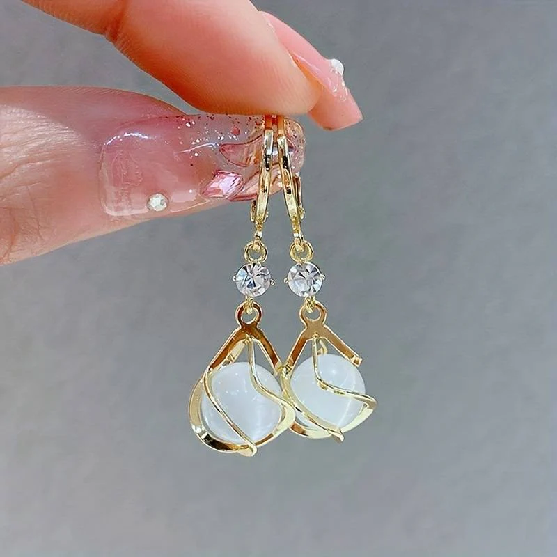 Vintage Gold Earrings with White Opal