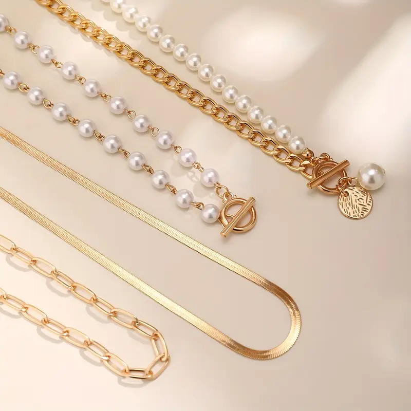 Vintage Pearl & Gold Snake Chain Necklace Set | Gold - Image 4