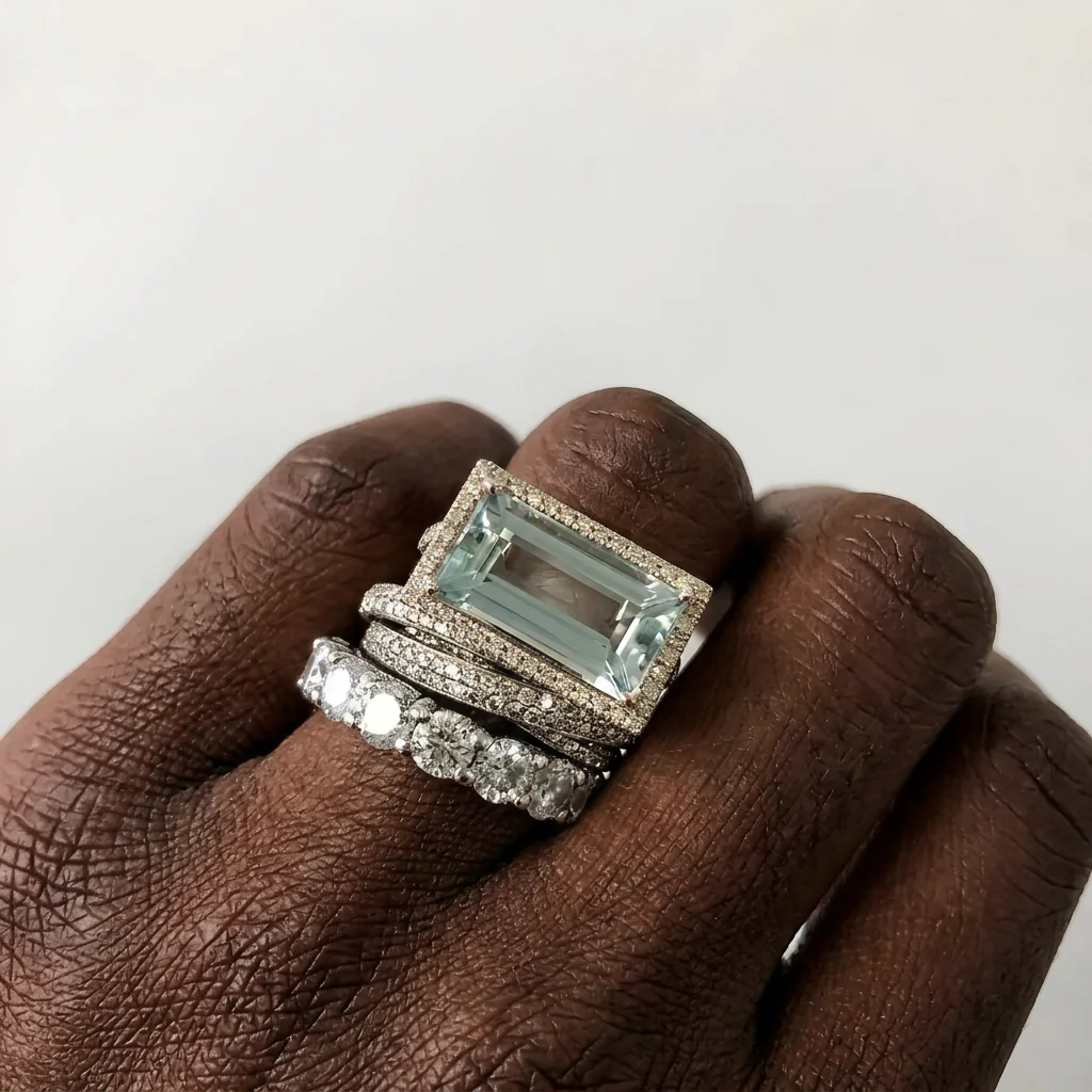 Vintage silver turquoise glass ring set
