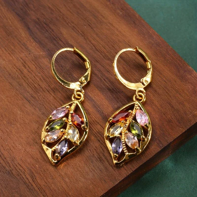 Vintaje Golden Leaf Colorful Zirconia Earrings