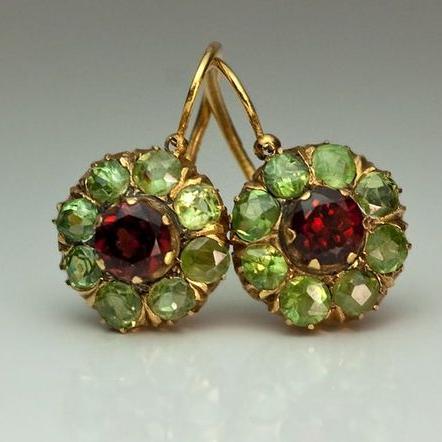 Vintaje Rounded Green & Red Crystal Earrings